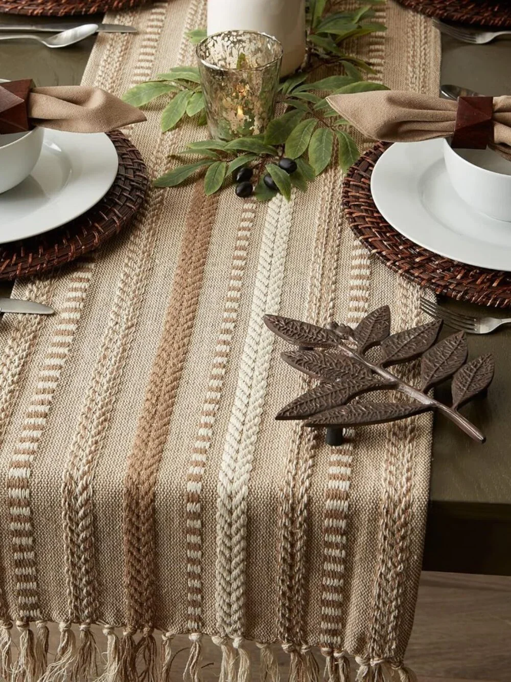 Farmhouse Braided Stripe Table Runner Collection, 15x72 15x77, Fringe Included, - Picture 8 of 11